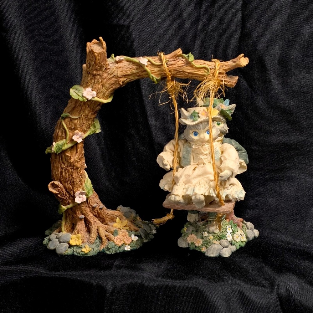 Vintage Enesco Victorian Cats on Swing Tree Figurine Set Resin Garden Decor